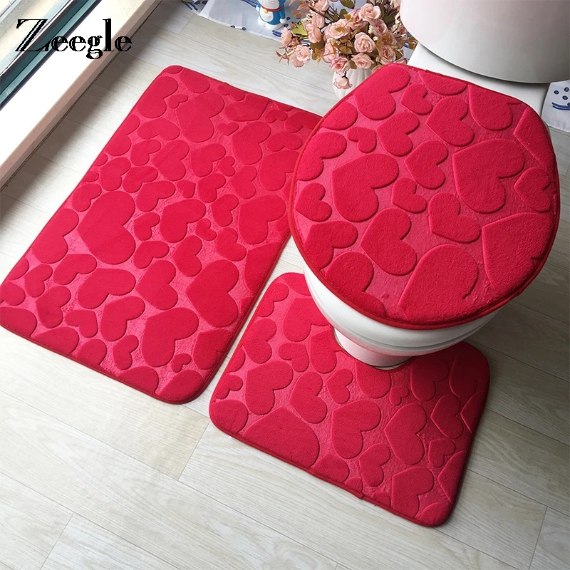 Zeegle 3D Embossed Bathroom Mat Set Bathroom Carpet Toilet Lid Cover Bath Mat For Home Decoration Absorbent Bathroom Rugs Set