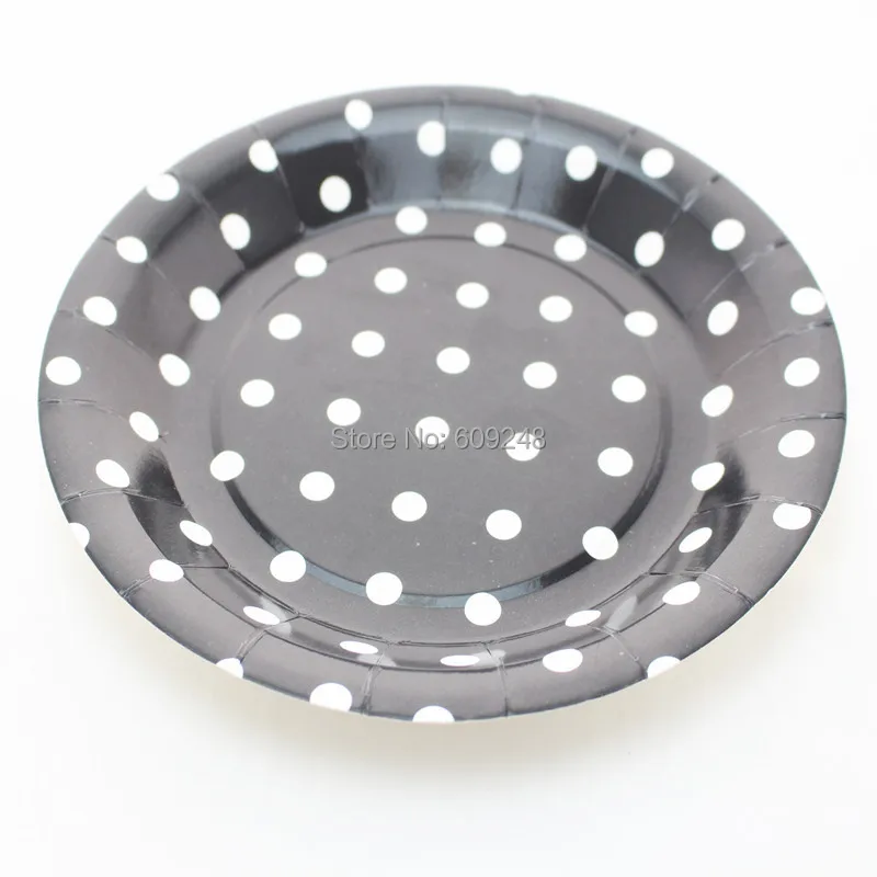 24pcs 9" Printed Birthday Halloween Holiday White Polka Dot Black Paper