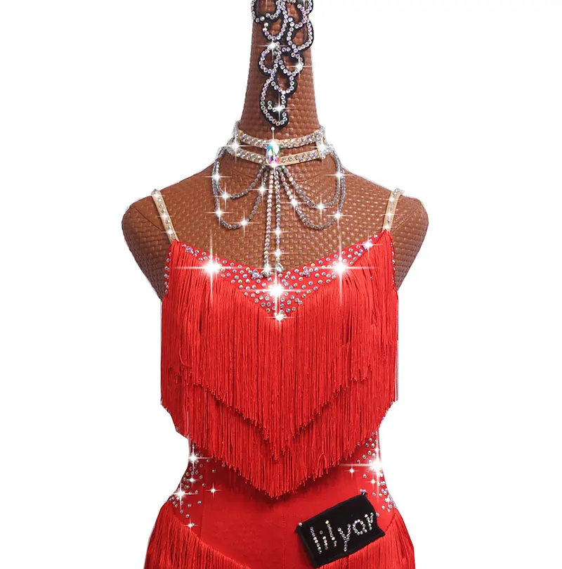 Sparkly Rhinestones Latin Dance Dresses For Women S-L Red Sexy Salsa Fringe Skirt Evening Dress Ballroom Competition Clothes