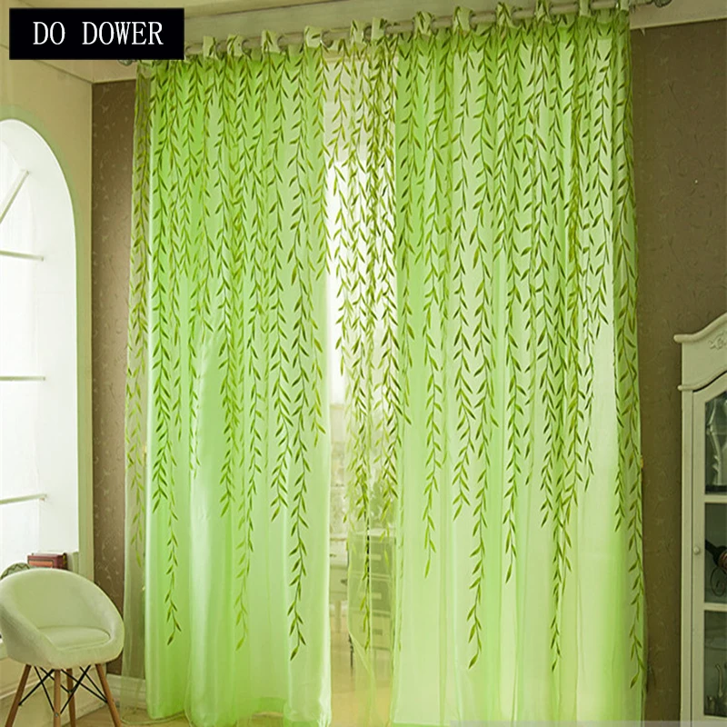 

1Pcs Green Willow Pattern Tulle Curtains Sheer 1Mx2M for living Room Bedroom Door decorations Window Blackout Curtains 1Mx2.7M