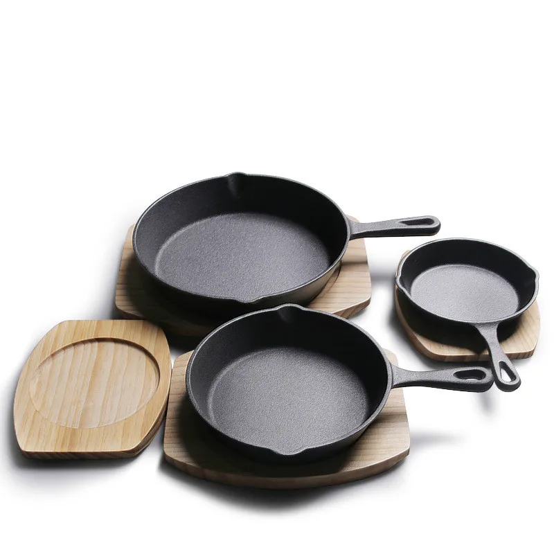 Cast Iron Pan Skillet Frying Pan Cast Iron with Wood Plate Best Heavy Duty Professional Seasoned Pan Cookware For Frying Saute Cooking 16CM