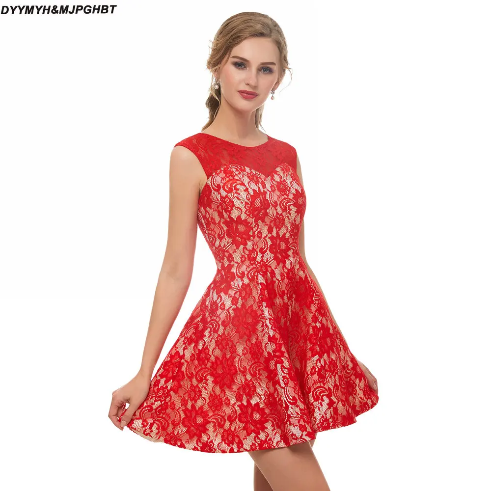 

Lovely Red Lace Graduation Dresses Above Knee Length Short Cocktail Dress