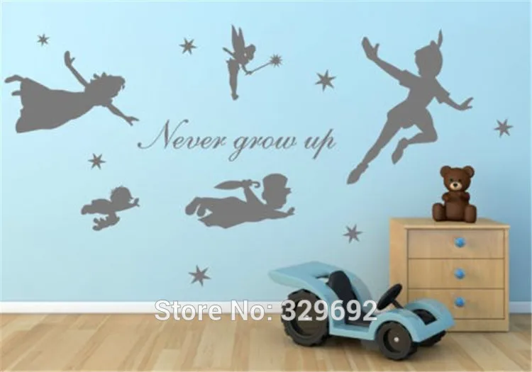

big Peter pan tinkerbell We're off to Neverland wall sticker,nursery vinyl decals,diy wall art for kids room decoration 70x160cm