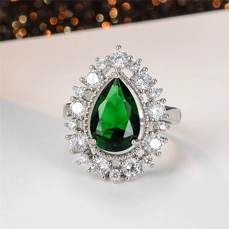 Fashion Austrian Green Crystal Rings Sparkling Water Drop Ring Female Silver Color Ring Elegant Jewelry For Woman Girl Gift R194 (5)