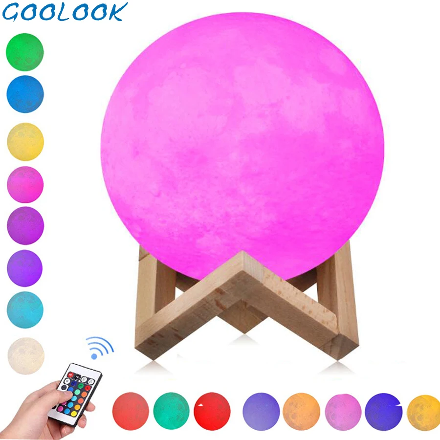 cheap Rechargeable 3D Print Moon Lamp 16 Color Change Touch Switch Bedroom Bookcase Night Light Home Decor Creative Gift