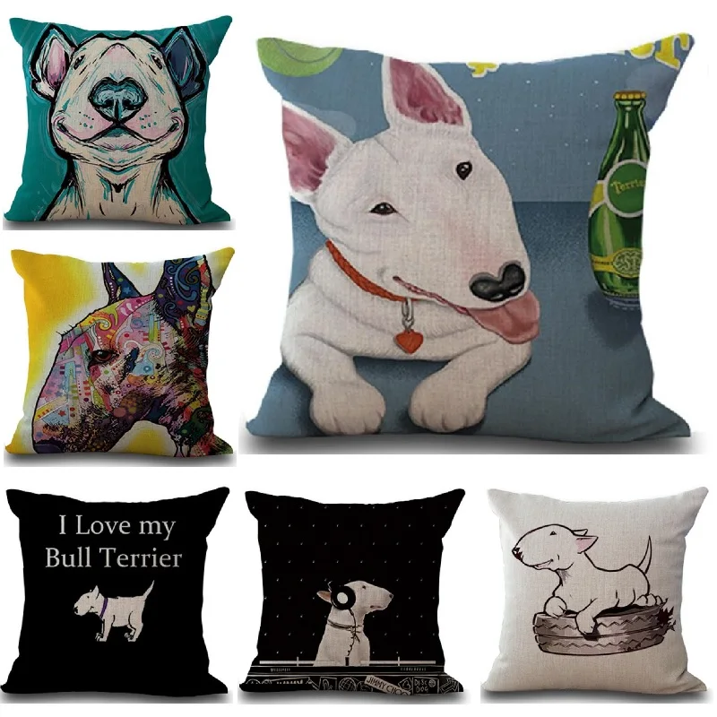 

Cushion Cover Linen Funny Bull Terrier Pillow Cover Dog Car Printed Sofa Decorative Pillowcase Throw Pillows 45*45cm