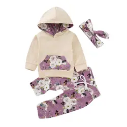 Puseky/комплекты одежды для маленьких девочек, топы с длинными рукавами и капюшоном, штаны с цветочным принтом, повязка на голову, хлопковый