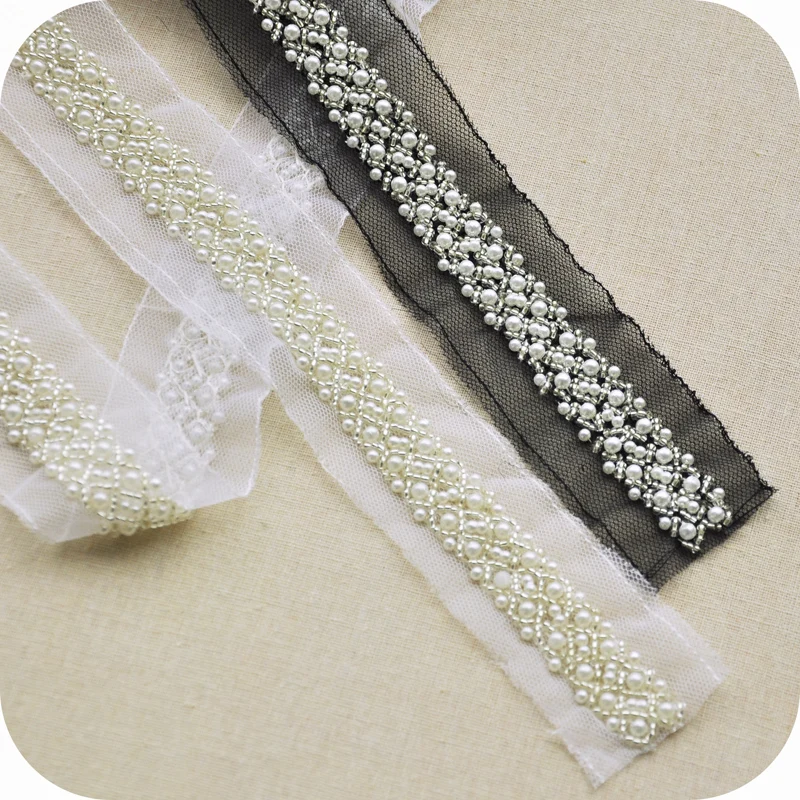 ivory beaded lace trim, 2 cm wide beads lace trim for sewing