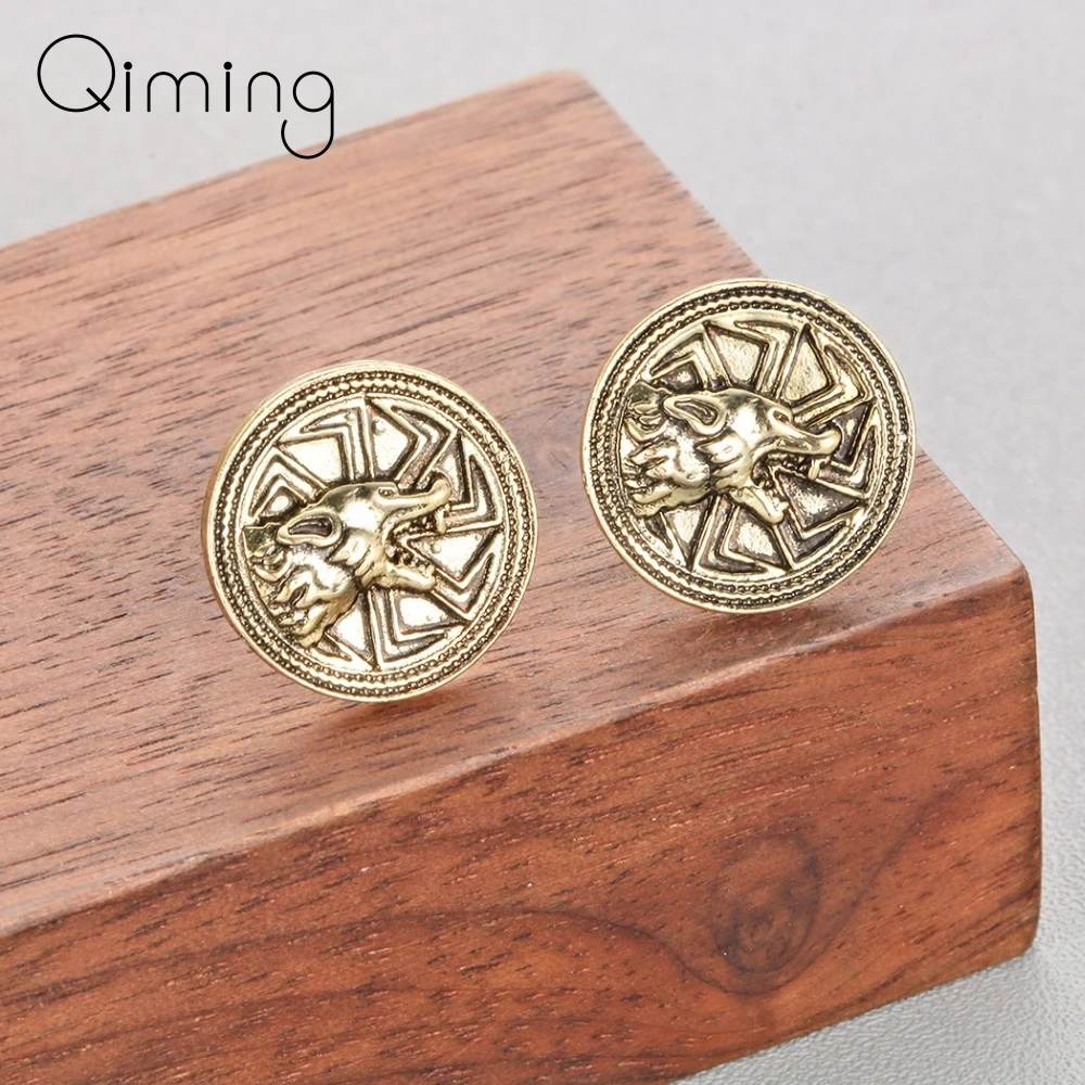 

Kolovrat Totem Wolf Earrings Punk Animal Pendant Valknut Slavic Amulets Women Men Jewelry Steampunk Stud Earrings Silver Gift