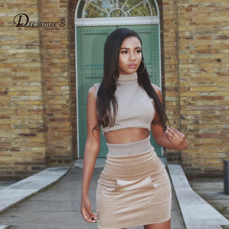

Fashion 2016 Autumn Bodycon Sweater Dress Sleeveless Turtleneck Crop Top And Dress Khaki Vintage Women Mini Dresses With Pockets