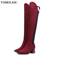 VAMOLASC New Women Autumn Winter Faux Suede Over the Knee Boots Sexy Pointed Toe Hoof Med Heel Boots Women Shoes Plus Size 34-43