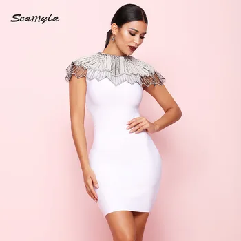 

Seamyla 2019 New Celebrity Party Dress Women Sleeveless Beaded Bodycon Bandage Dresses Vestidos Sexy Summer Club Runway Dress