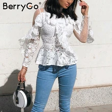 BerryGo белая женская блузка рубашка кружевная сетка белая женская блузка рубашка кружевная сетка вышивка Элегантный полый с длинным рукавом женские sexy топы вечеринки