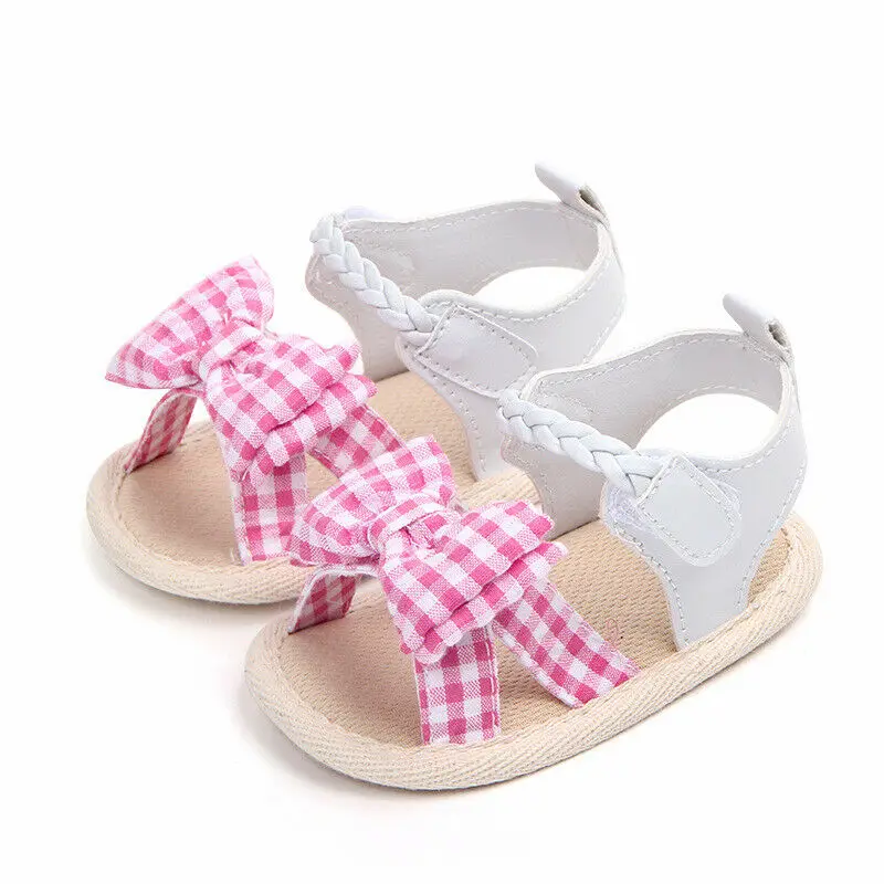2019 Newborn Baby Girl Soft Sole Crib Shoes Infant Toddler Plaid Bowknot Sandals First Walkers Summer Princess Shoes Dress 0-18M