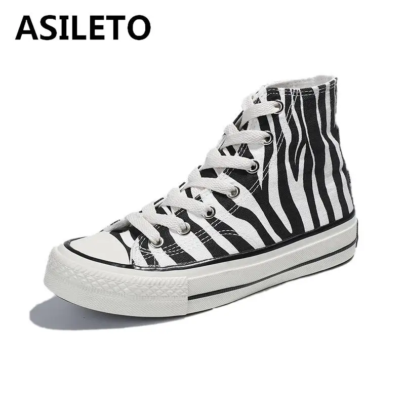 

ASILETO Canvas Women Shoes 2019 High Top Female sneakers Shoes Sapatos Tenis Feminino trainers Vulcanized Shoes Zebra printing