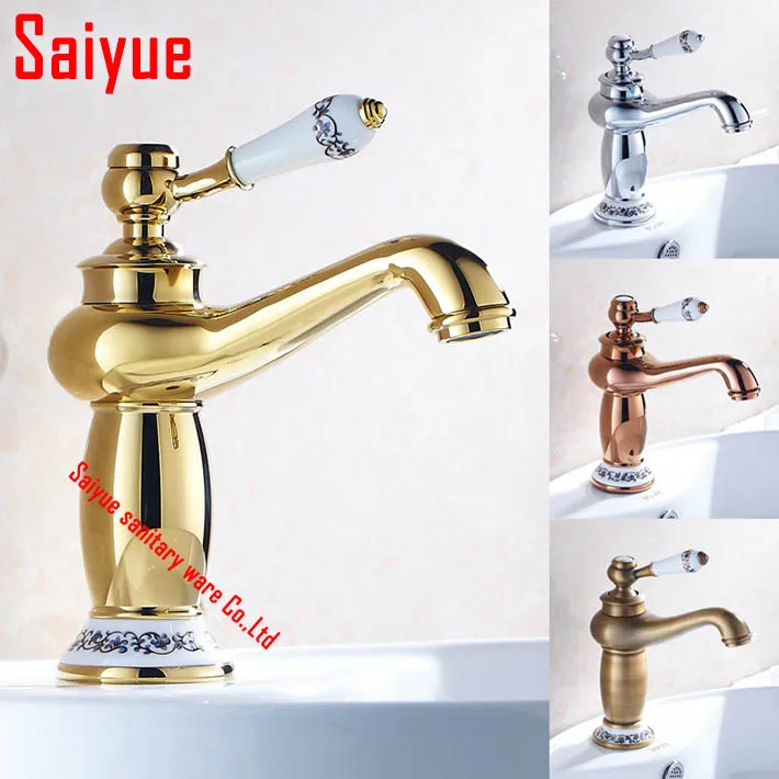 

Gold Polished Countertop Bathroom Sink Faucet ceramic Style Mixer Tap deck mounted single hole/handle