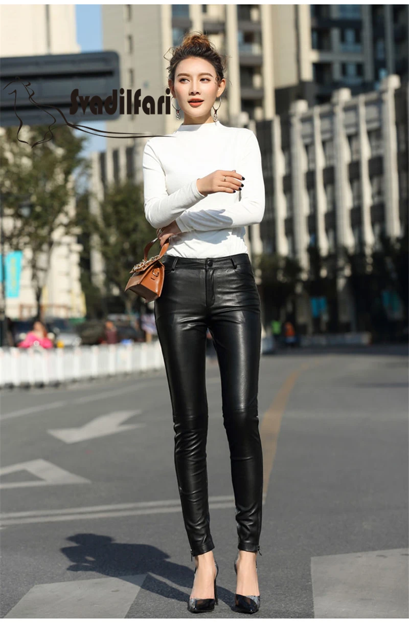 cargo pants 2021 new Real leather pants female sheep skin Leggings wear feet with zipper cashmere thickened in winter Slim Cut Skinny Pants white pants