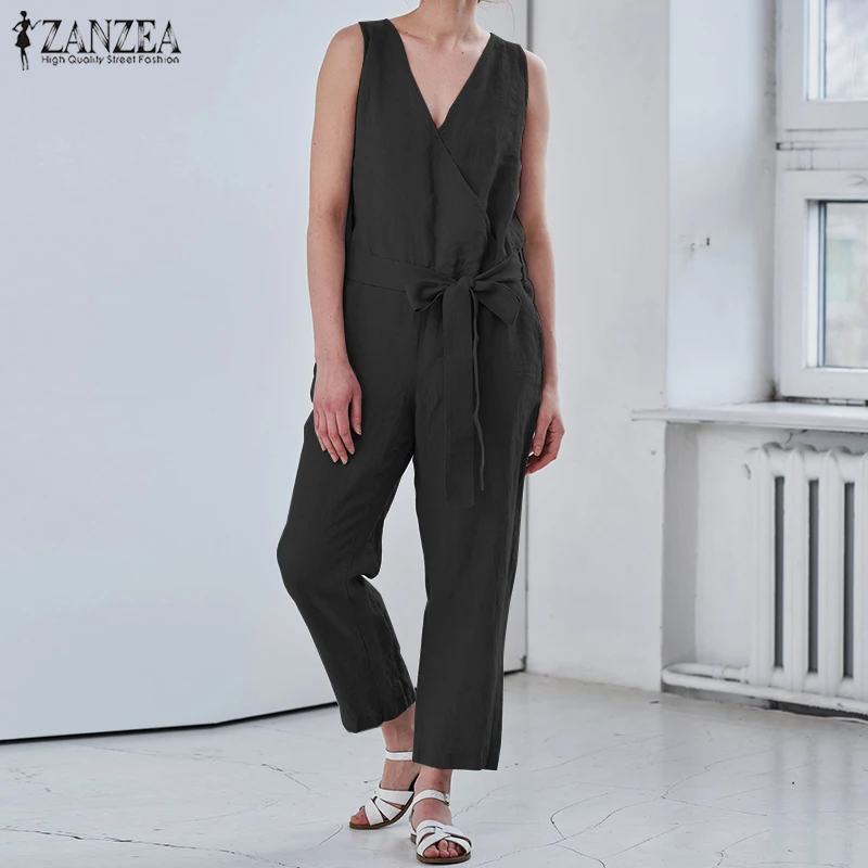

Summer Party Jumpsuit ZANZEA 2019 Women Sexy V Neck Overalls Rompers Elegant Solid Strappy Cotton Playsuits Wide Leg Pants S 5XL