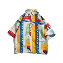 Летнее платье мужские свободные повседневные Хип Хоп Красочные уличные граффити тонкие удобные мужские рубашки Camiseta Masculina