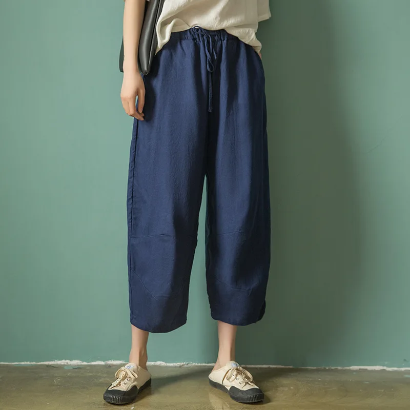 

Johnature Vintaeg Casual Japanese Cotton Linen Summer New Loose Women Ankle-length Pants Elastic Waist Tie Harem Pants 2019