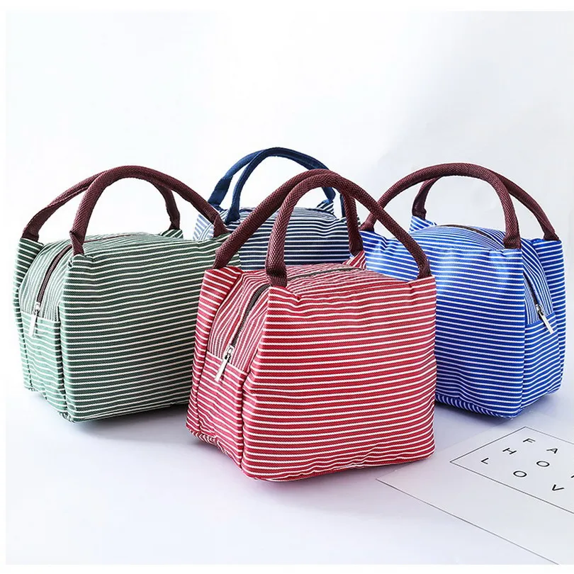 

Waterproof Oxford Lunch Bags Stripe Portable Insulated Thermal Cooler Lunch Bags For Girls Student Lunch Box Storage Picnic Case