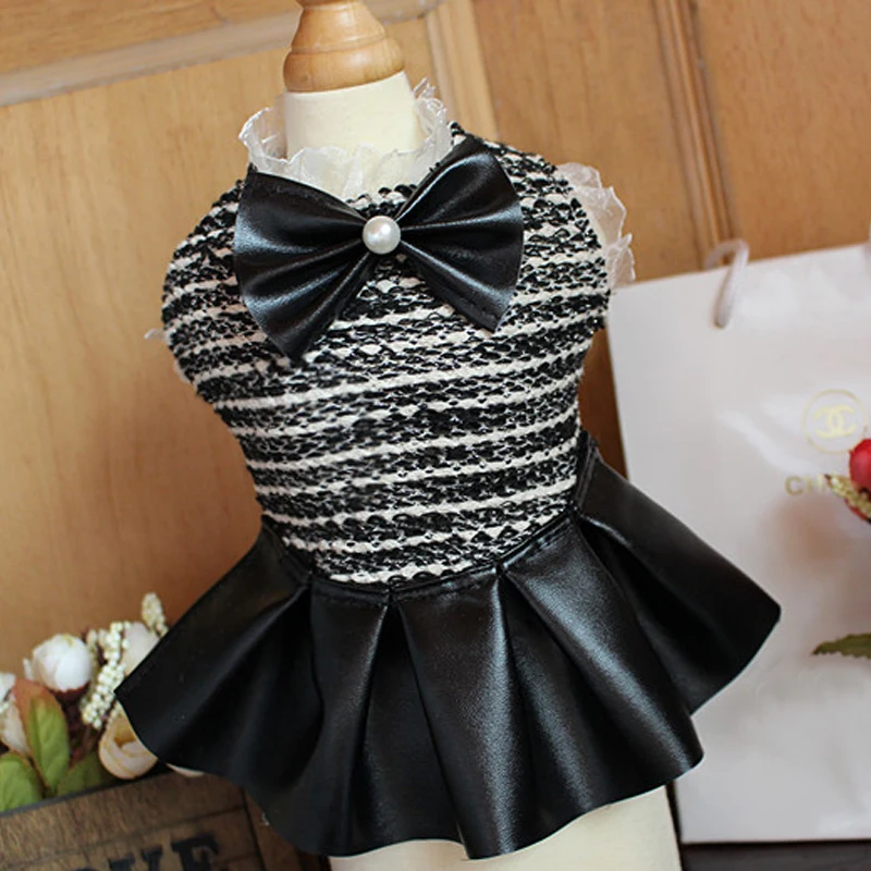 

Pet Dog Leather Dress Handmade Puppy Knit Fabric Clothes Splice Style For Small Dogs Bowknot Adorn Pearl Skirt Chihuahua Poodle