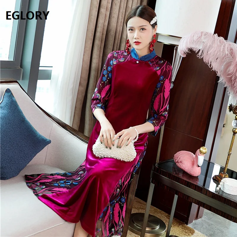 

Velvet Dress 2019 Autumn Winter Party Vintage Women Exquisite Embroidery Patchwork Mid-Calf Length Dark Green Wine Red Dress XXL