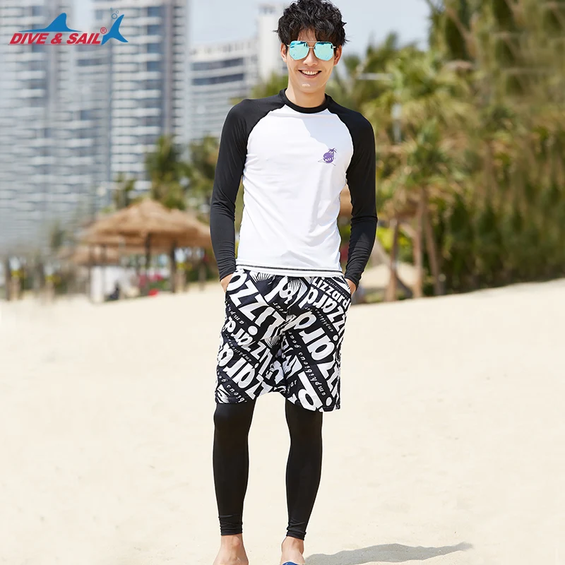 Set Of 3pcs Men's Rash Guards Black/white Top+leggings+trunks Long