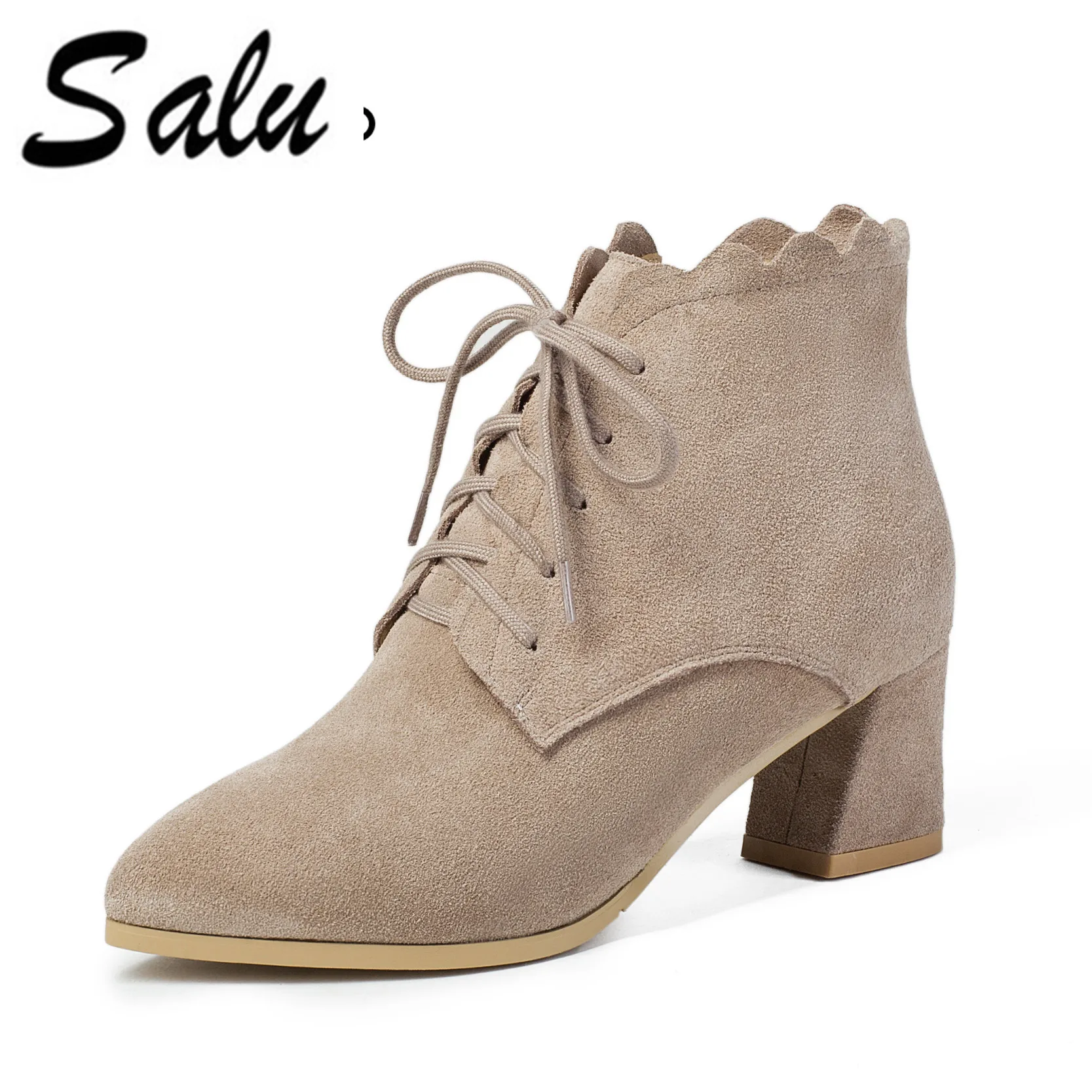 

Salu Women cow Suede Boots Wool Fur Round Toe Short Boots Black Lace-Up Thick Heels Shoes Winter Warm Plush Ankle Boots