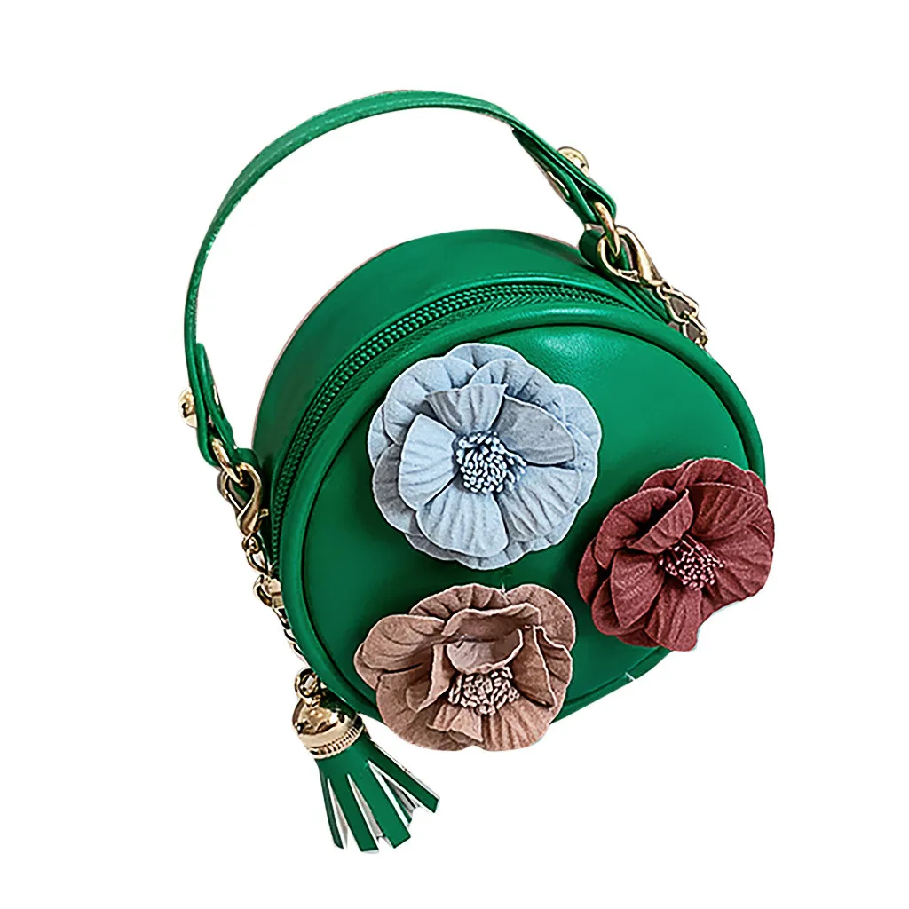 Children Flowers Circular Bag Flower Tassels Shoulder Bag Strap Leather