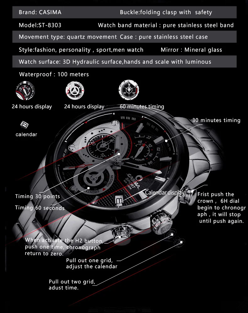 Роскошные Брендовые мужские модные элегантные спортивные часы с таймером, Мужские кварцевые наручные часы с календарем и дисплеем, водонепроницаемые 100 м CASIMA#8303