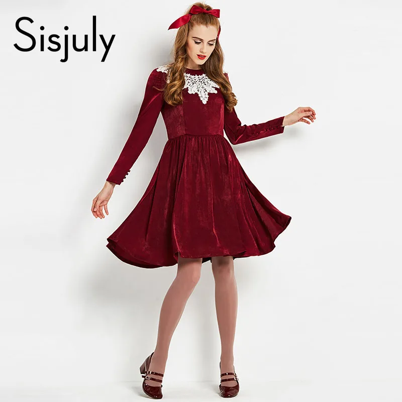 Beste Sisjuly 1960 s vintage jurk herfst bourgondi euml; o hals jurk knie lengte een lijn rits lente vrouwelijke lange mouwen party meisjes jurk