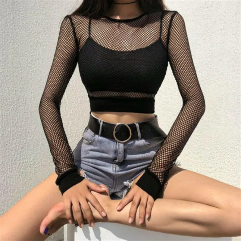 

2019 Women T-shirt Solid Black Mesh Sexy Hot Ladies Long Sleeve Perspective Females T-Shirt New Hot Mesh Fishnet Crop Tops
