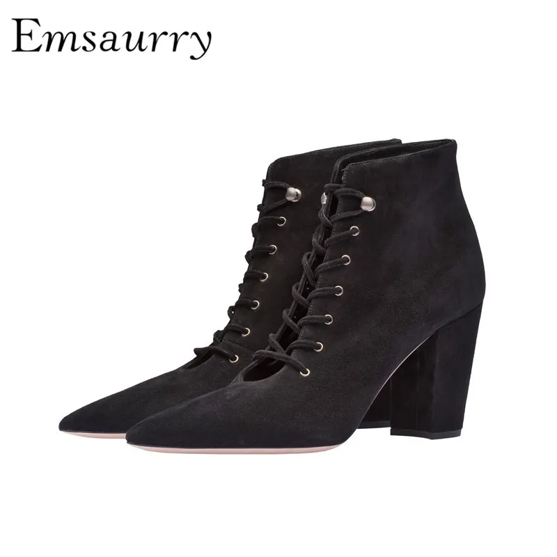 

Concise Black Leather Suede Ankle Boots Women Patent Leather Point Toe Cross-tied Shallow Short Booties For Women
