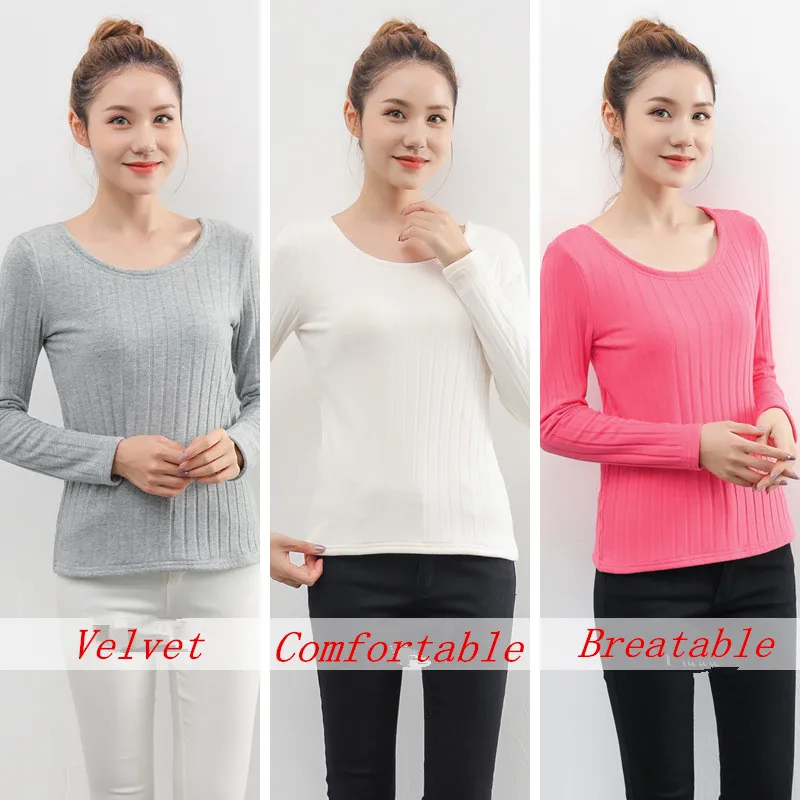 Простые женские зимние теплые бархатные футболки большого размера, термо Кашемировые топы высокого качества, женские футболки с круглым вырезом и длинными рукавами D298