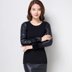 Women's Fur Decoration Sweater Leather Patchwork Sweater Elegant Ladies Slim Turtleneck Leather Sleeve Sweater