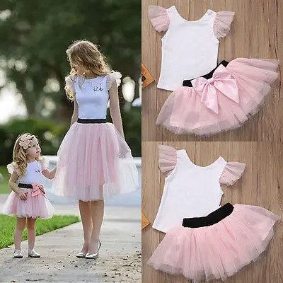 Одинаковая семейная юбка для мамы и дочки розовая футболка Летняя одежда женская и детская фатиновая юбка-пачка с бантом, комплект из 2 предметов От 0 до 4 лет S-XL