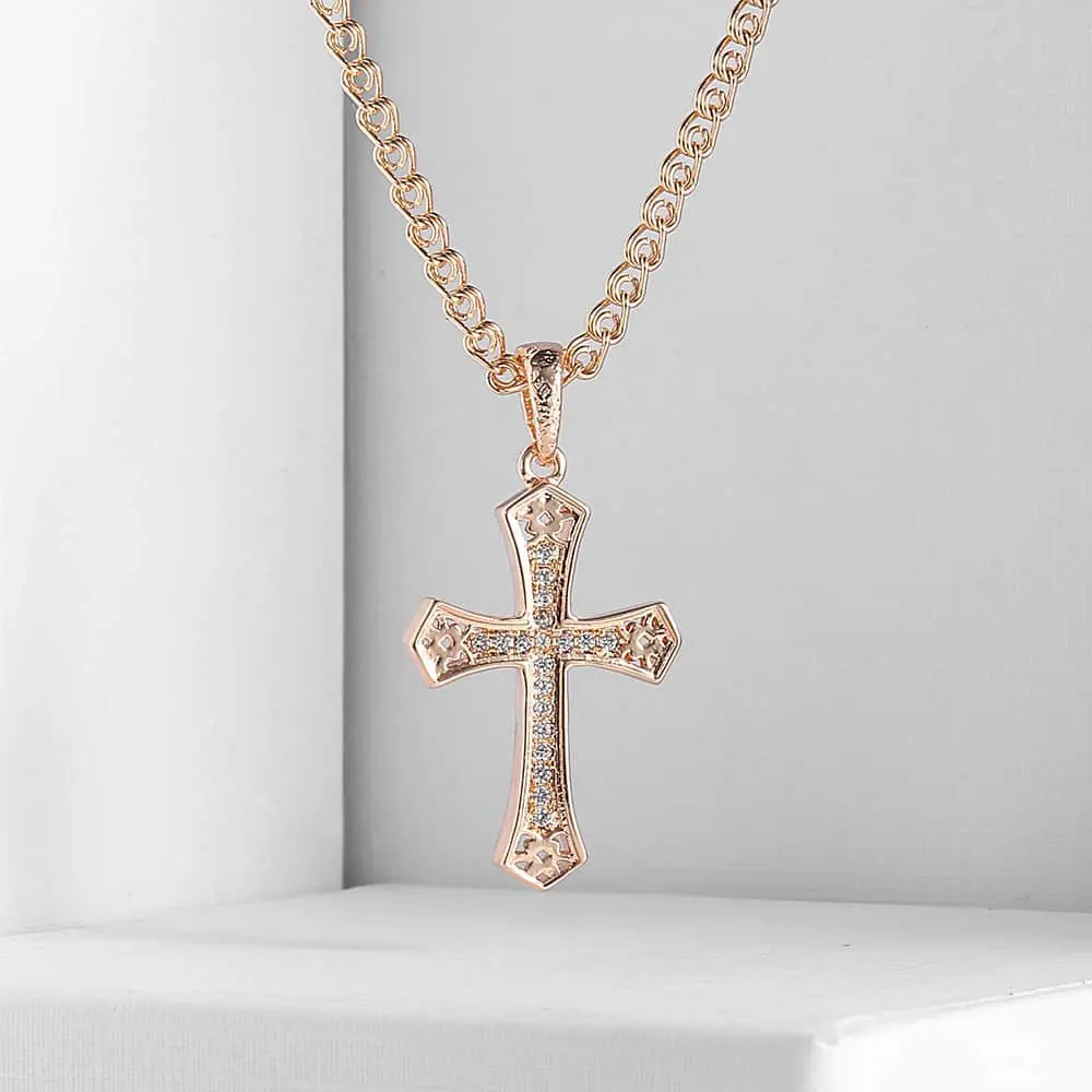 Стразы для мужчин и женщин крест Распятие христианское ожерелье с кулоном 585 розовое золото заполненное 3 мм модное ожерелье со змеиным звеном GP176_1