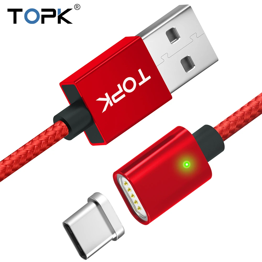 TOPK 1M 2M 2.4A Магнитный кабель type C, обновленный нейлоновый светодиодный кабель с индикатором USB C для зарядки и синхронизации данных USB C кабель для samsung
