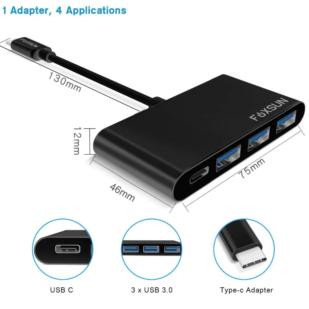 4-in-1 USB-C المحور مع 3 منافذ usb 3.0 و نوع c قوة التوصيل لابل macbook/chromebook متعدد ميناء نوع الألومنيوم-c محول