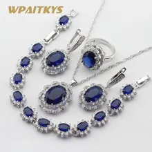 Классический серебристый цвет наборы свадебных ювелирных изделий для женщин синий кристалл ожерелье кулон Браслеты Серьги Кольца коробка