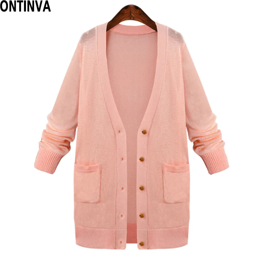 Free Size Women Pink Thin Cardigans Sweater Fashion Oversize Outwear Full Sleeve with Pockets 
