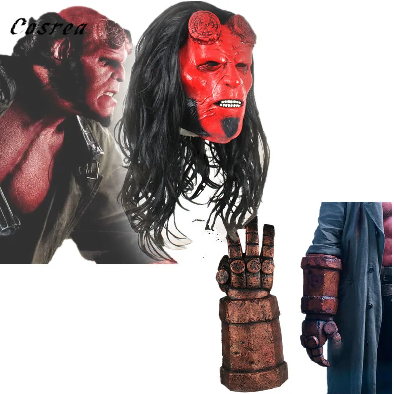 

Movie Hellboy Cosplay Gloves Right Hand of Destruction Latex Arm Gloves Weapon Mask Halloween Cosplay Costume Mask Props for Men