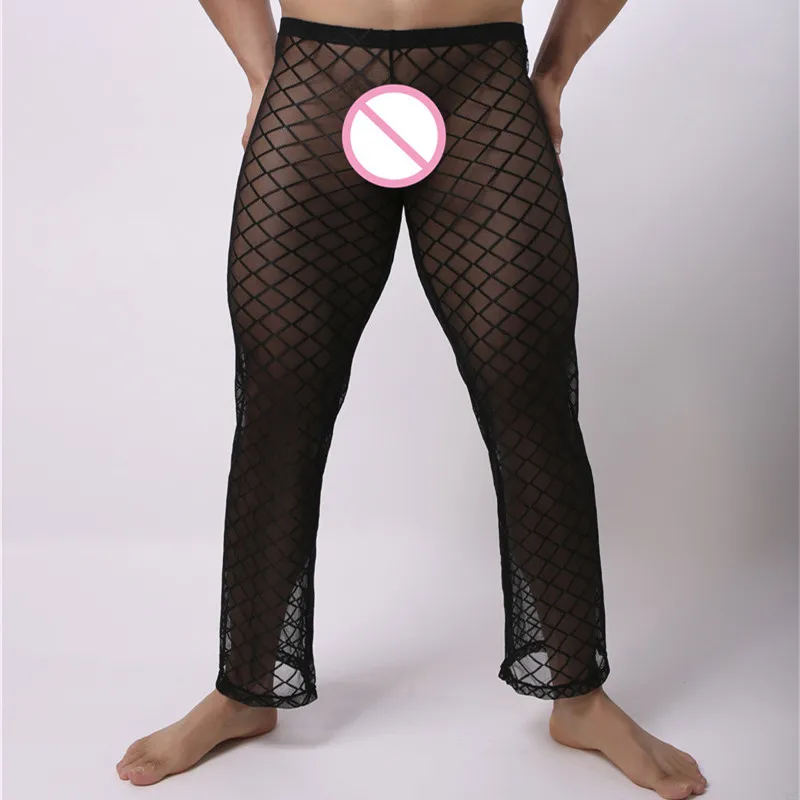 Длинные кальсоны, модные сетчатые мужские сексуальные прозрачные штаны, веселые мужские прозрачные длинные пижамы, удобные штаны для сна, кальсоны - Цвет: Black