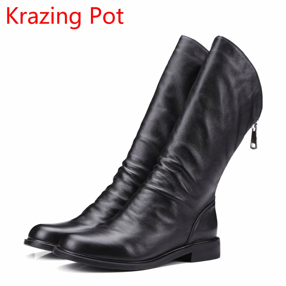 

New Arrival Genuine Leather Zipper Keep Warm Round Toe Thick Heels Concise Runway Elegant Handmade Mid-calf Boots for Women L88