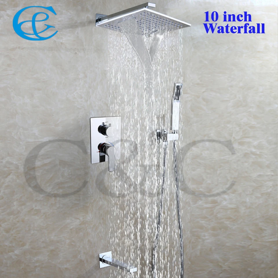10 Inch Chrome Copper Rain And Waterfall Shower Head Set Brass Hand