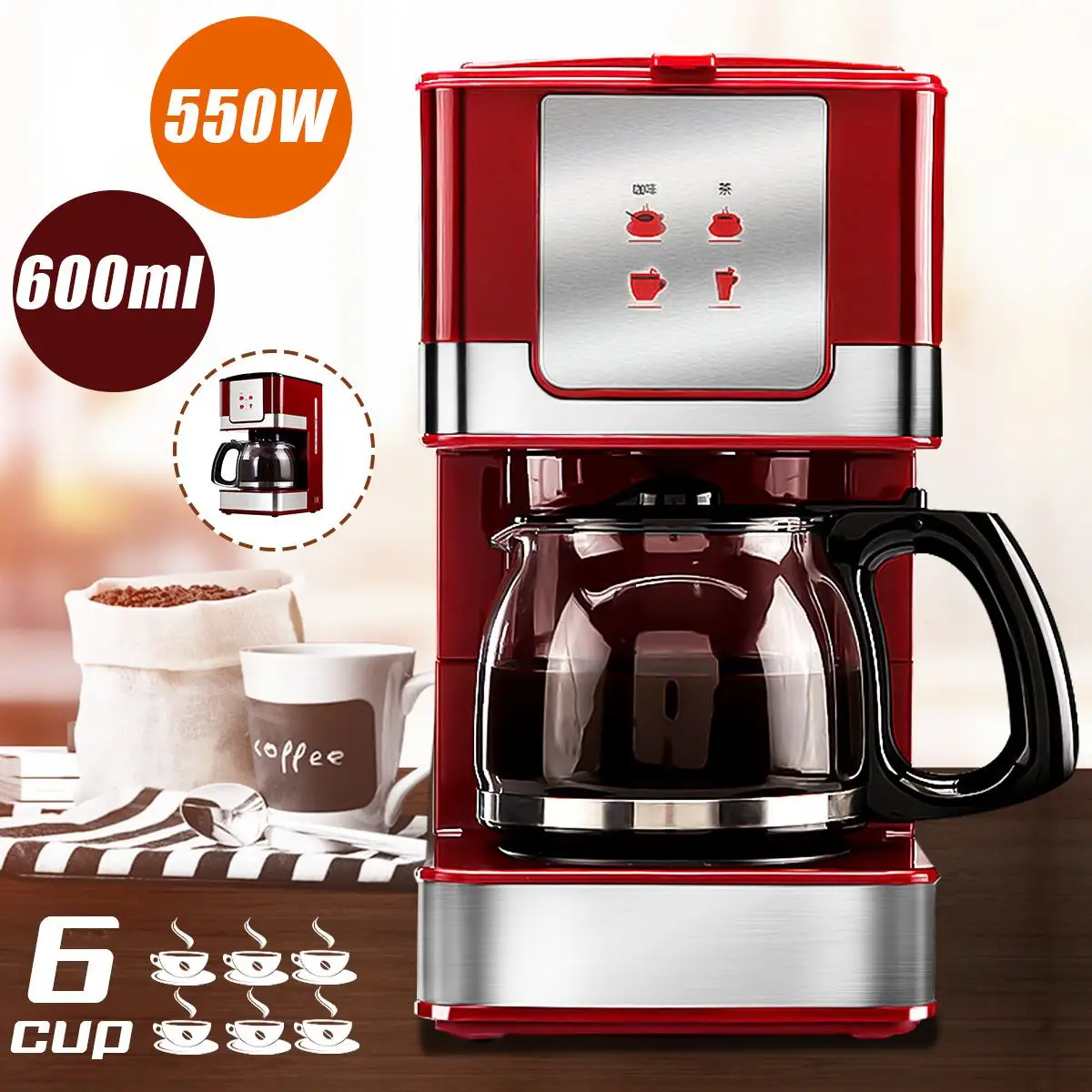 

Becornce 6 Cups 600ML Household Office American Style Drip Tea/Coffee Making Machine Coffee Machine 550W
