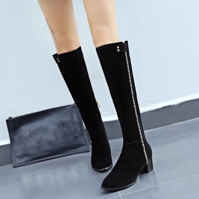 ZALAVOR/размеры 32-43; зимняя обувь; женские зимние сапоги до колена на толстом высоком каблуке; блестящие пикантные теплые сапоги с острым носком на молнии