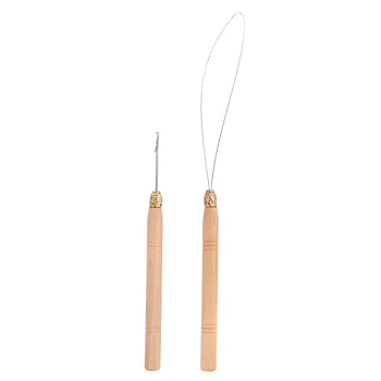 

2Pcs/set Hair Extension Hook Needle Threader Micro Ring Beads Wooden Handle Crochet Hook with Iron Wire Hotting Pulling Tool