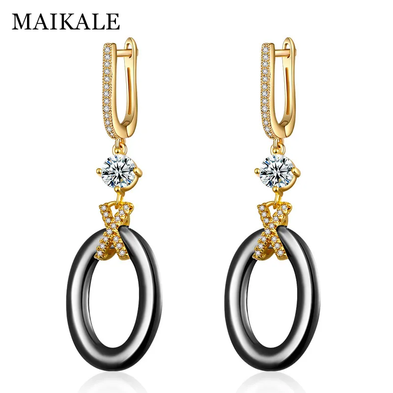 

MAIKALE New Fashion Ceramic Drop Earrings Round X shape Copper AAA Cubic Zirconia Black White Gold Silver Earrings For Women